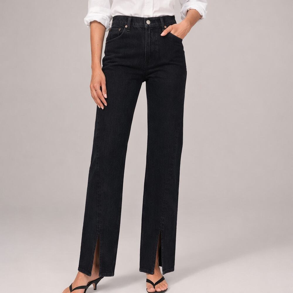 Abercrombie & Fitch NWT The 90's High Rise Relaxed Split Hem Jeans Black 30 Long